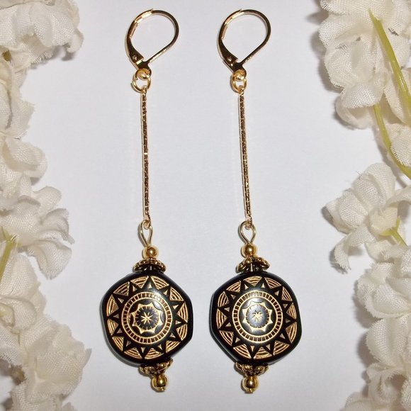 wvluckygirl Jewelry - Long Earrings Black & Gold Beaded Tribal Edgy 6409